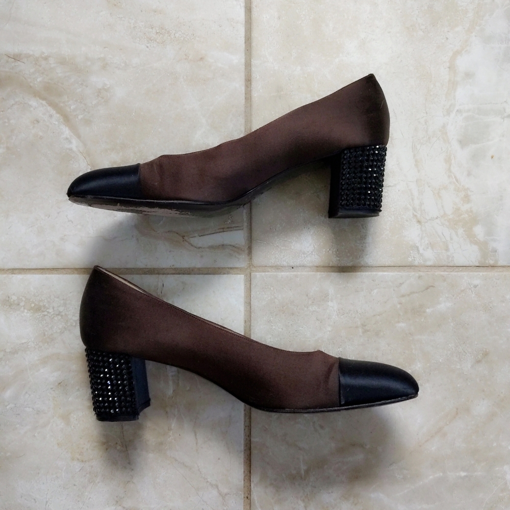 Ernesto Esposito Bicolor Brown Black Cap Toe Satin Jeweled Block Heels 38 7.5 - Picture 3 of 7